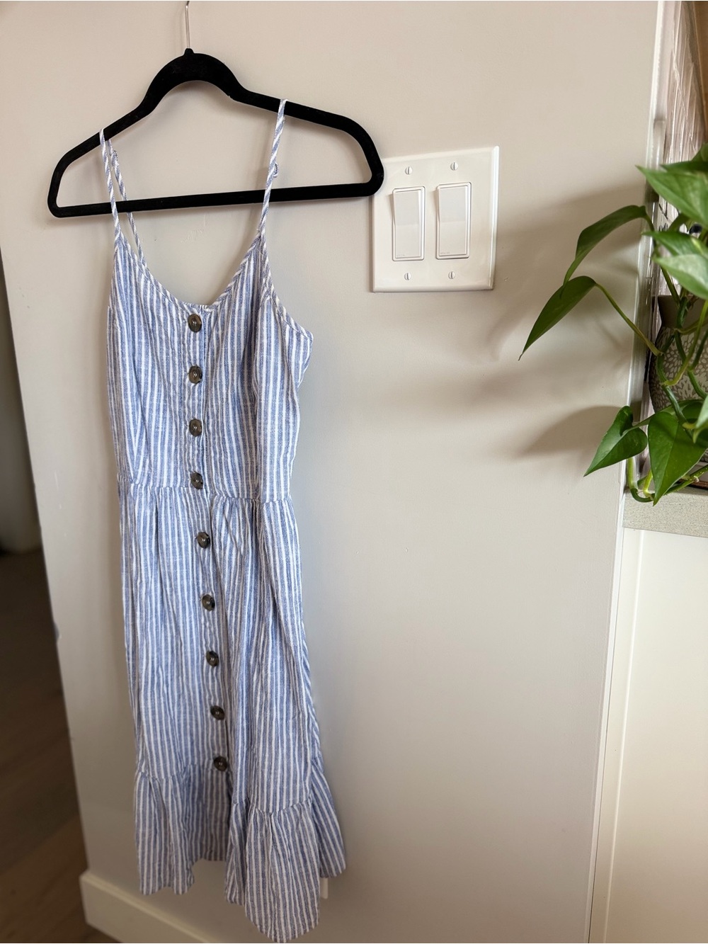 Japna Blue and White Striped Midi Dress with Buttons - Picture 2 of 15